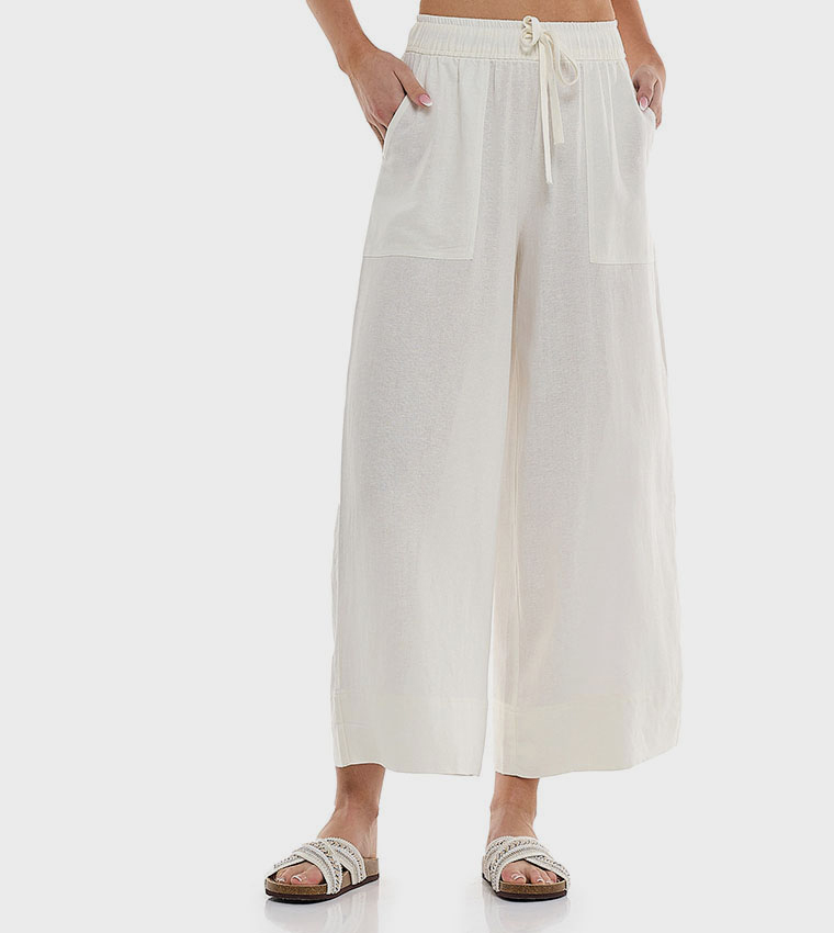 Solid Wide Leg Pants with Drawstring Waist