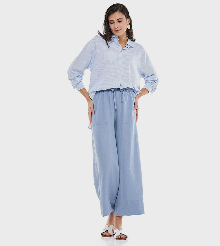 بنطال واسع سادة برباط على الخصر 