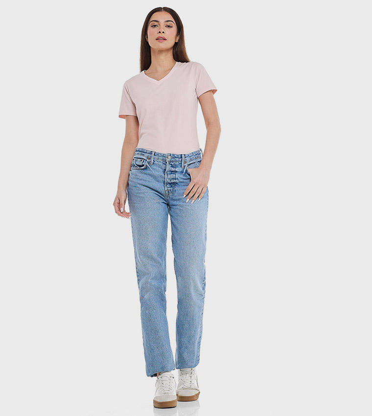 Solid T-Shirt with V-Neck and Short Sleeves