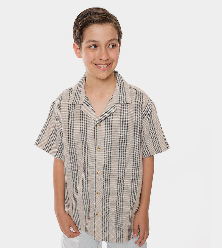 Striped Shirt with Revere Collar and Short Sleeves