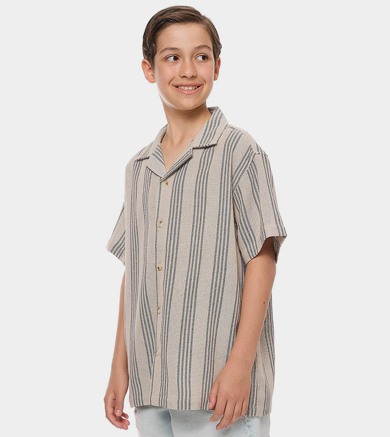 Striped Shirt with Revere Collar and Short Sleeves