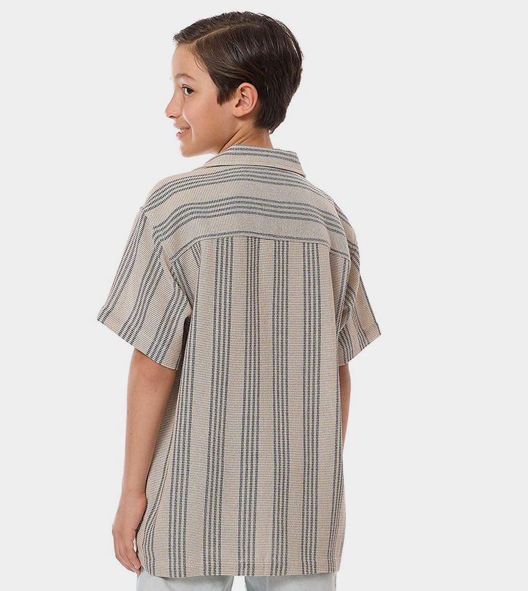 Striped Shirt with Revere Collar and Short Sleeves
