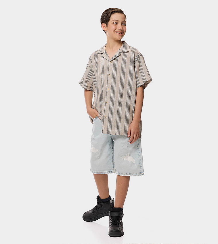 Striped Shirt with Revere Collar and Short Sleeves