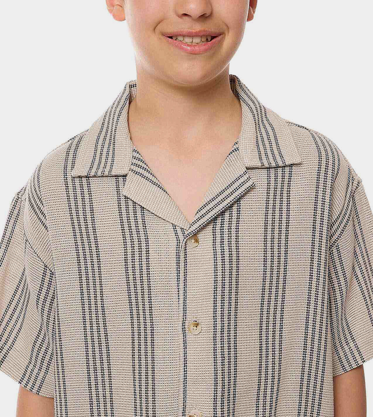 Striped Shirt with Revere Collar and Short Sleeves