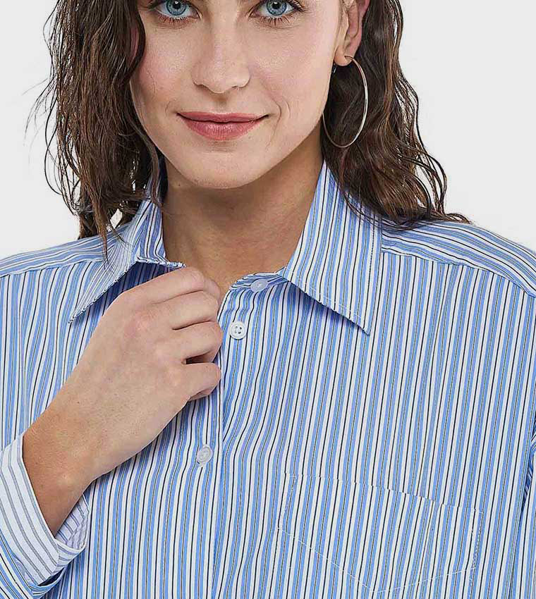 Striped Tunic with Classic Collar and Long Sleeves