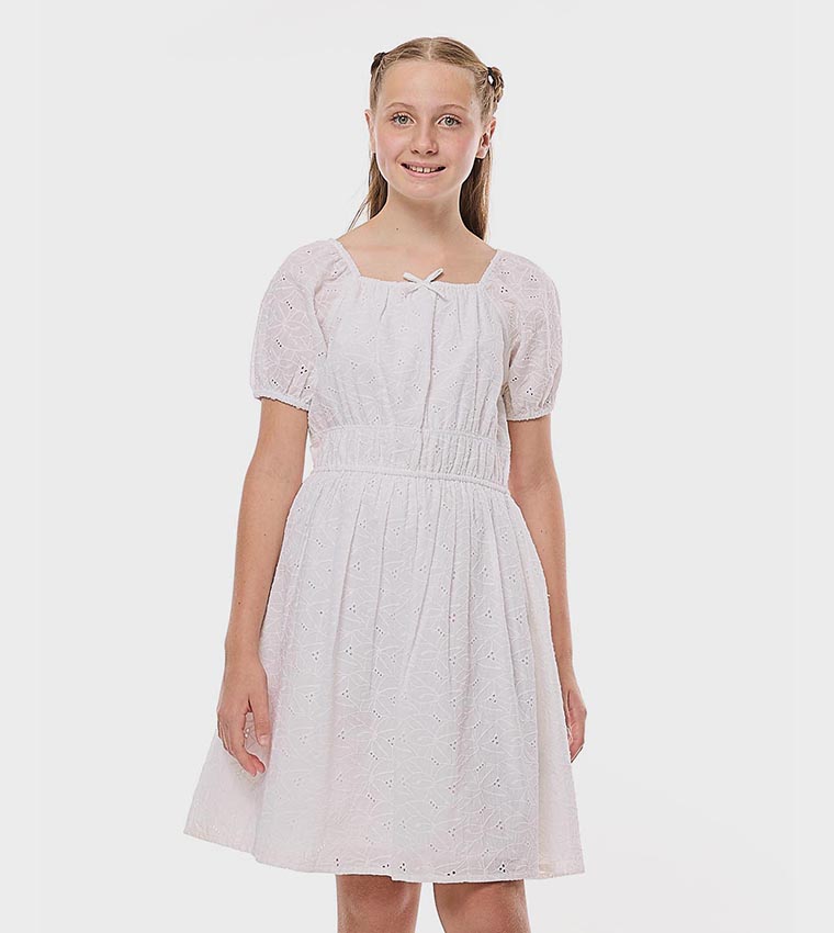 Schiffli Dress with Square Neck and Puff Sleeves