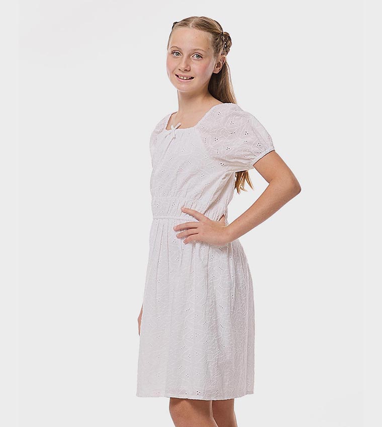 Schiffli Dress with Square Neck and Puff Sleeves
