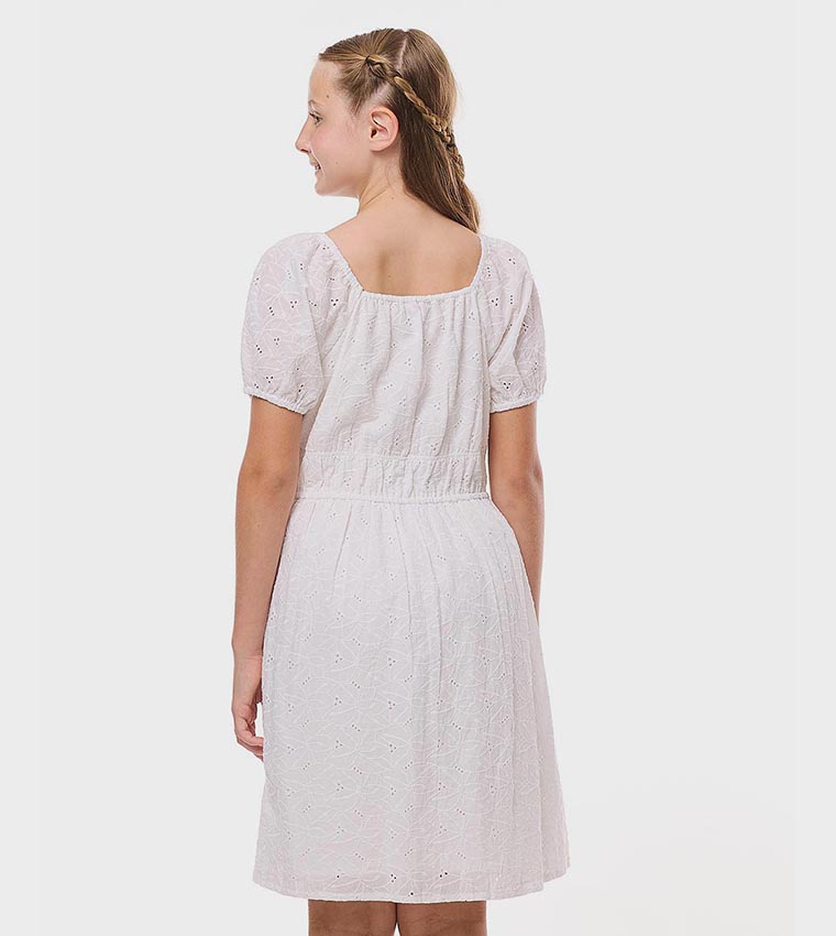 Schiffli Dress with Square Neck and Puff Sleeves