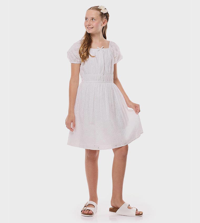 Schiffli Dress with Square Neck and Puff Sleeves