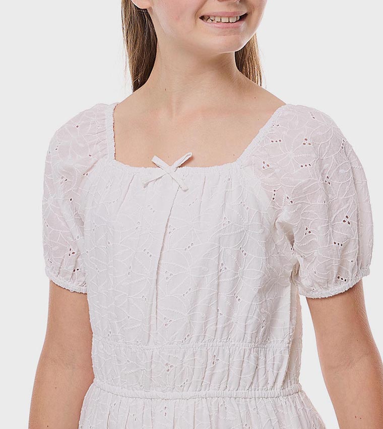 Schiffli Dress with Square Neck and Puff Sleeves