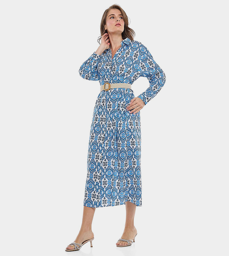 فستان قميص مزخرف بياقة كلاسيكية وأكمام طويلة