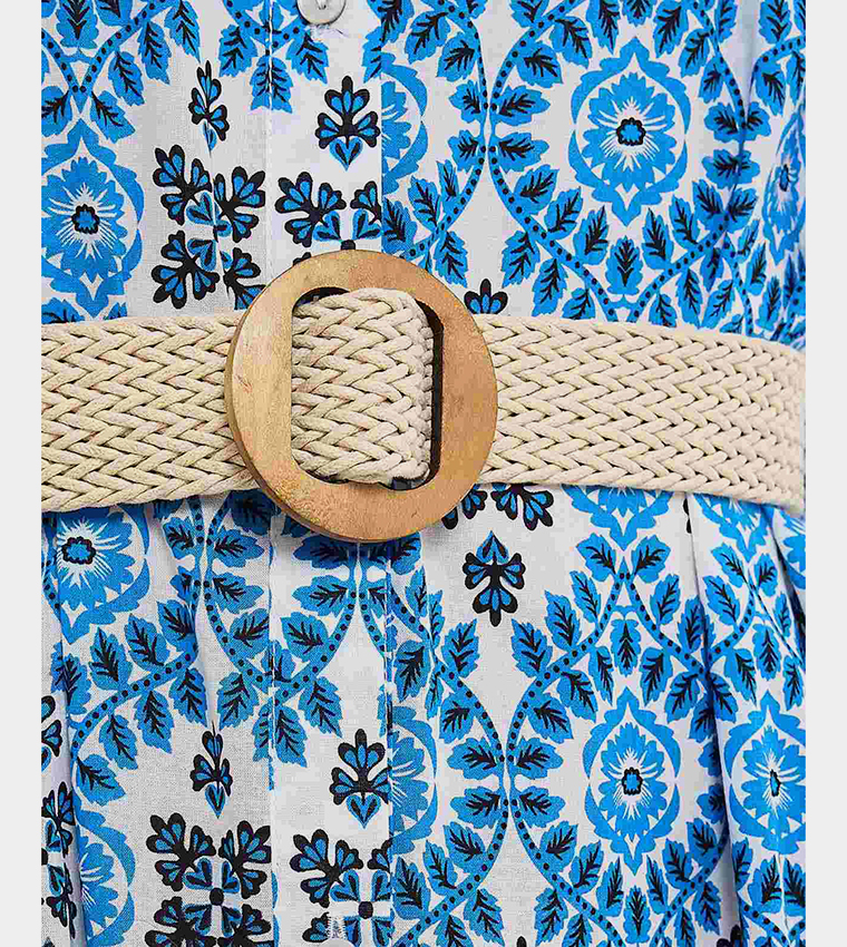 فستان قميص مزخرف بياقة كلاسيكية وأكمام طويلة