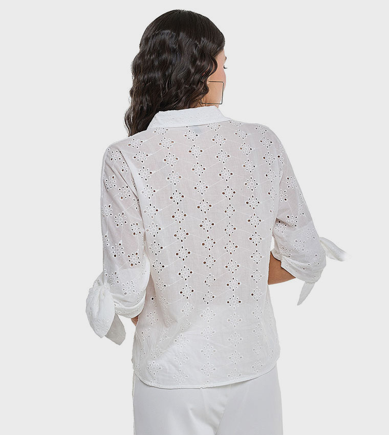 Schiffli Shirt with Classic Collar and 3/4 Sleeves