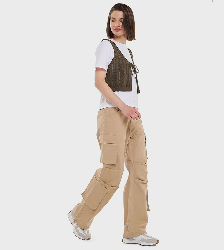 Solid Cargo Parachute Pants with Button Closure