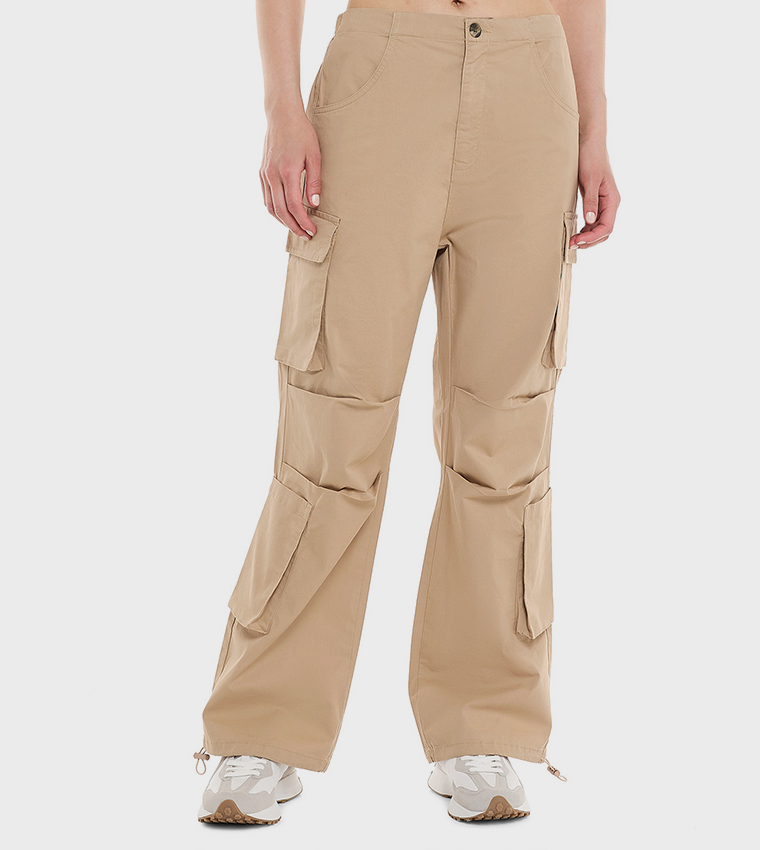 Solid Cargo Parachute Pants with Button Closure