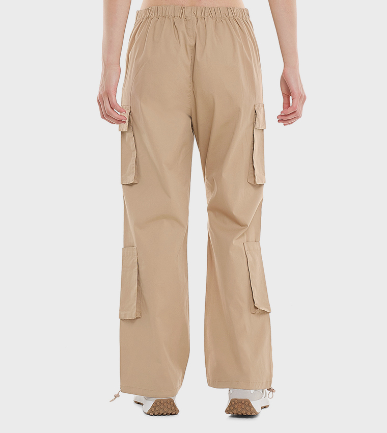Solid Cargo Parachute Pants with Button Closure