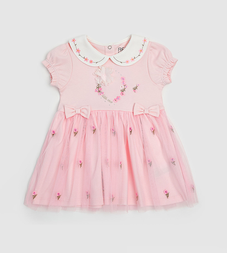 Embroidered Flared Dress with Peter Pan Collar and Puff Sleeves