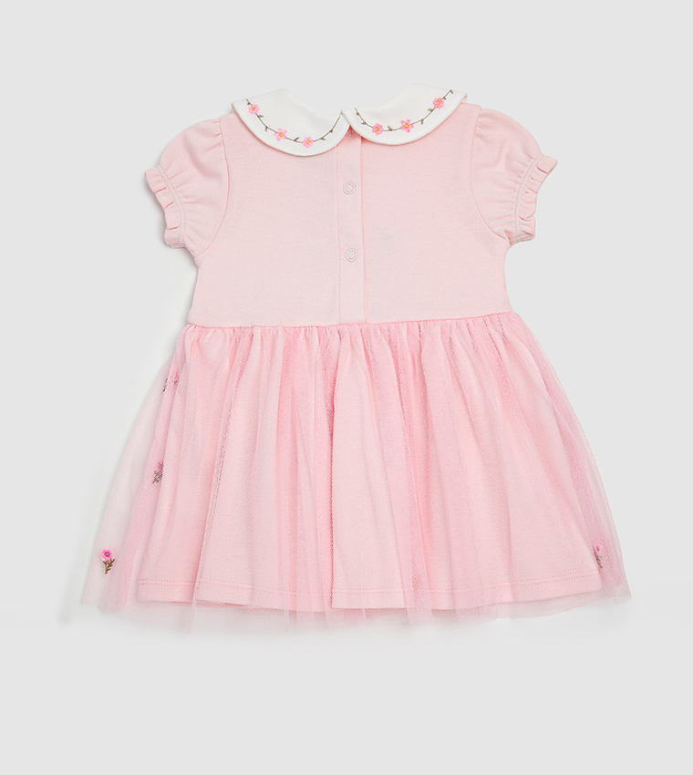 Embroidered Flared Dress with Peter Pan Collar and Puff Sleeves