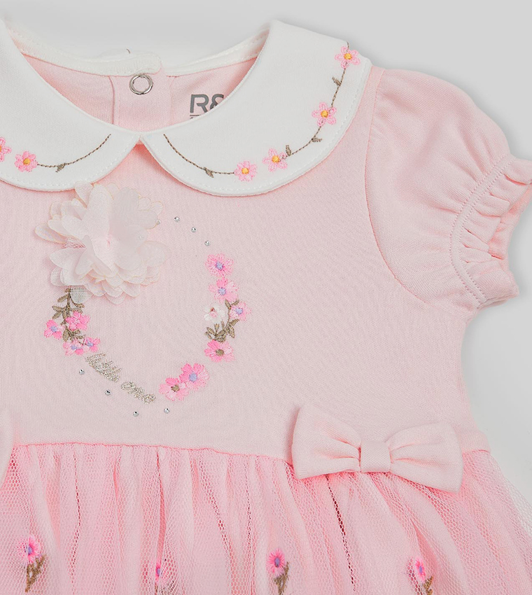 Embroidered Flared Dress with Peter Pan Collar and Puff Sleeves