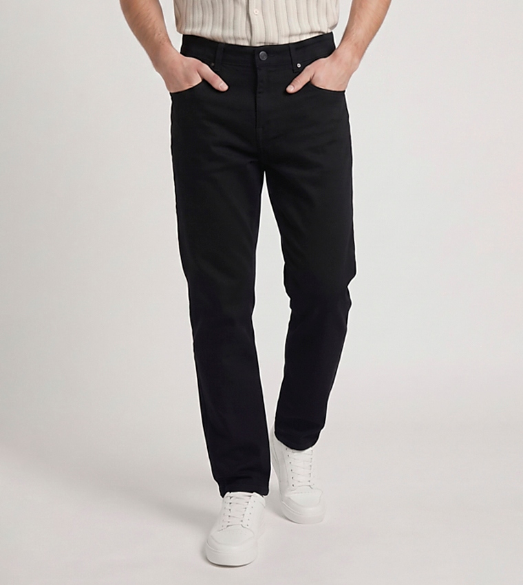 Solid Straight Fit Jeans with Button Closure
