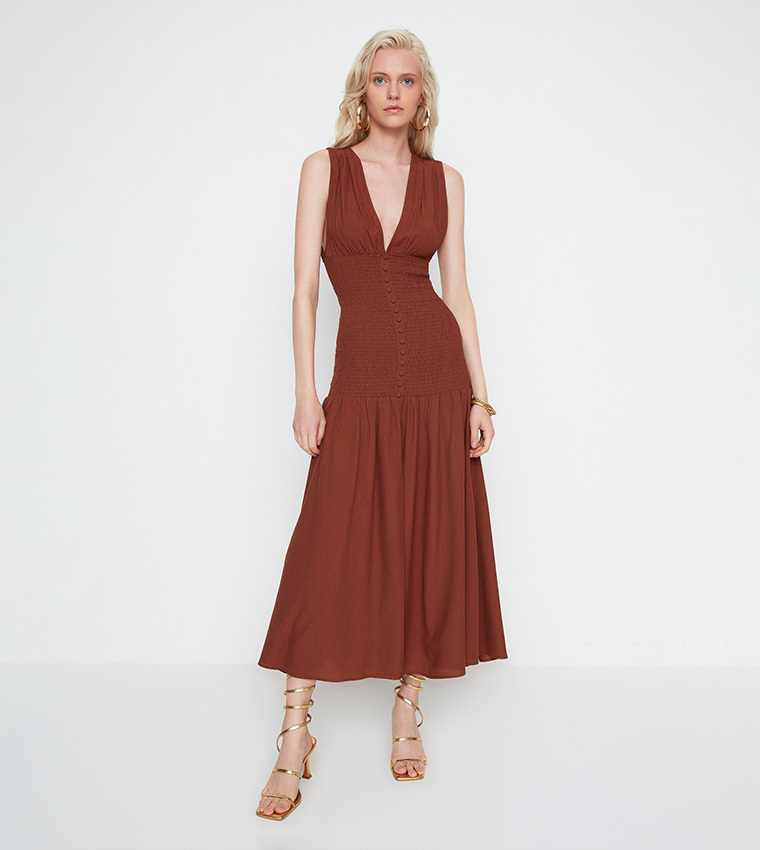 Solid A Line Slit Midi Dress