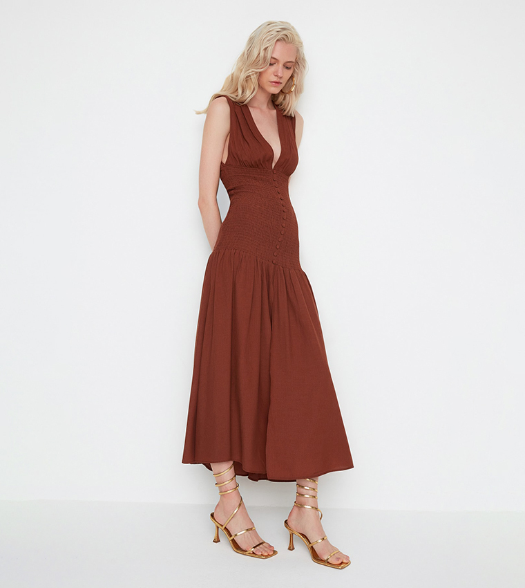 Solid A Line Slit Midi Dress