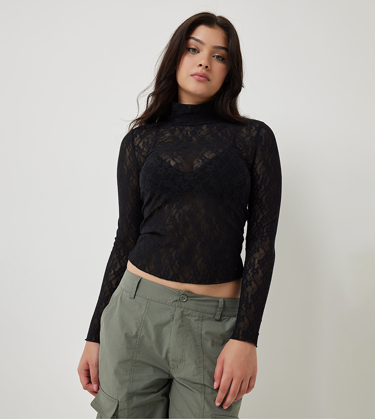 Buy Ardene Lace Turtleneck Top In Black | 6thstreet UAE