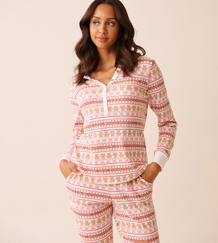 Teddy Bear Print Waffle Knit Long Sleeves Sleep Top