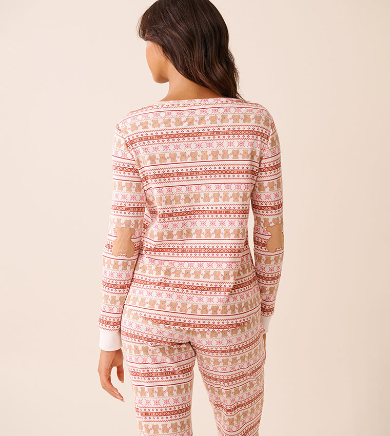 Teddy Bear Print Waffle Knit Long Sleeves Sleep Top