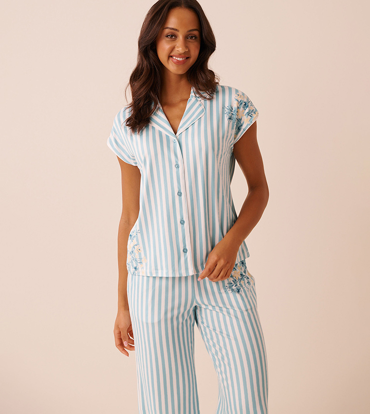 Floral Stripe Print Super Soft Button-Down Sleep Shirt