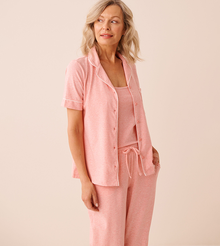 قميص نوم قطن بكم قصير وأزرار 