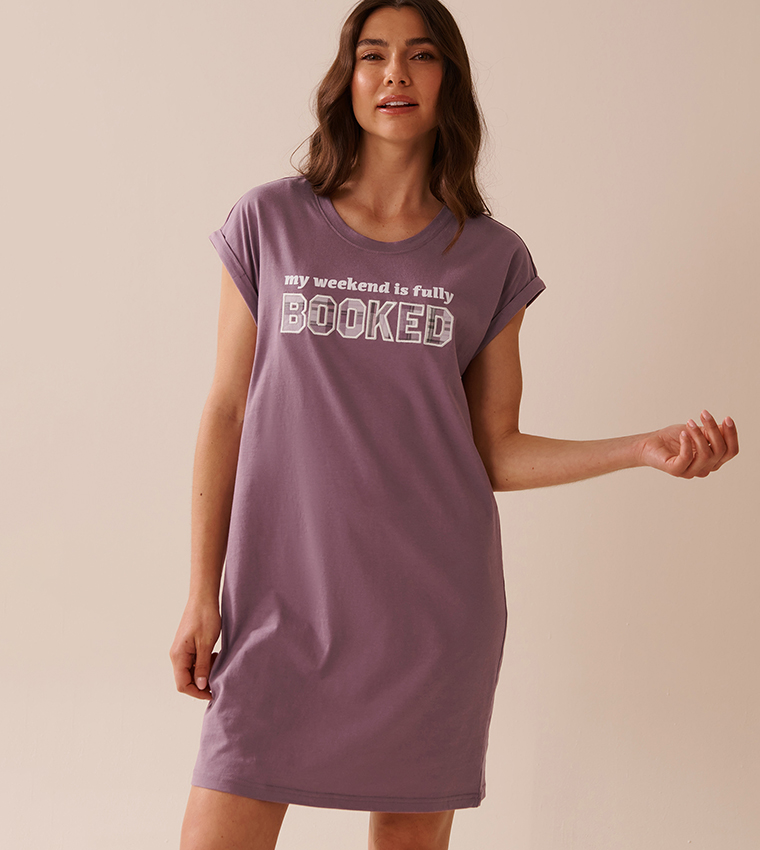 قميص نوم قطن بأكمام قصيرة وطبعة 