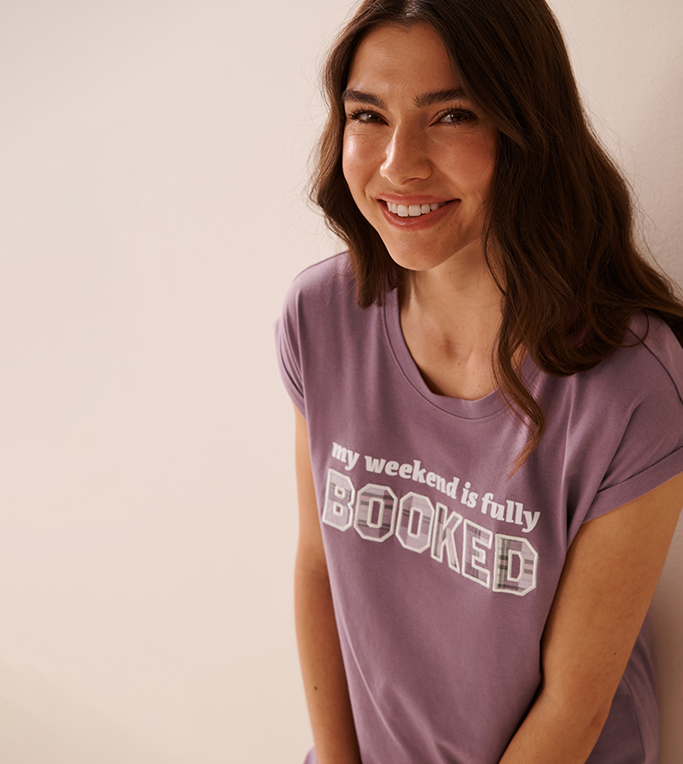 قميص نوم قطن بأكمام قصيرة وطبعة 