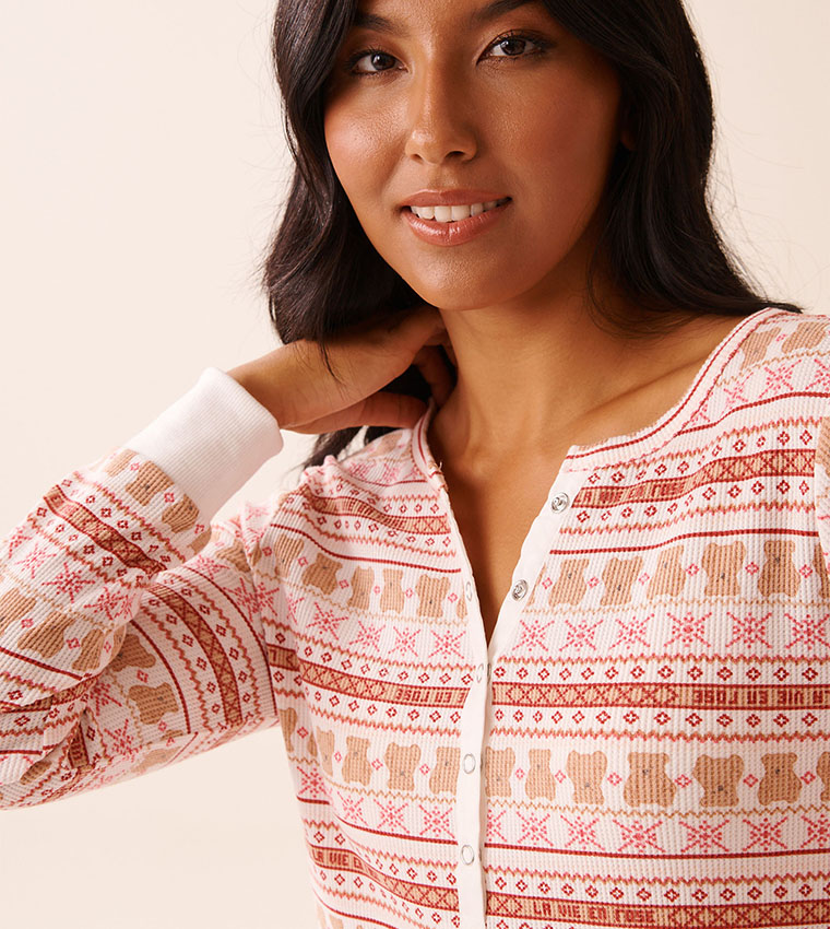 Teddy Bear Print Waffle Knit Long Sleeves Sleep Top