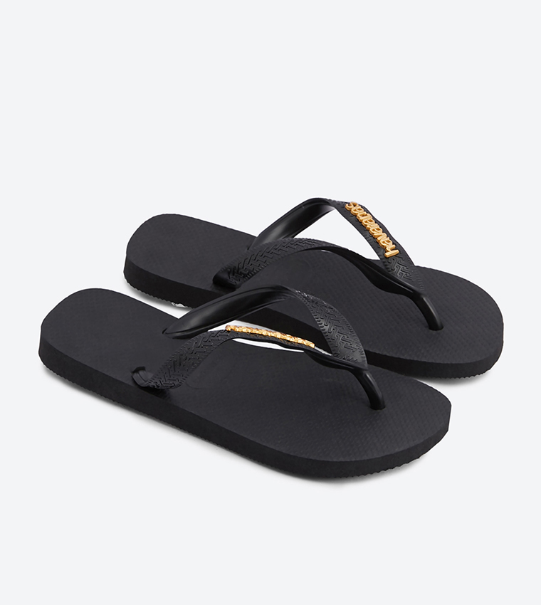 Metallic Logo Strap Details Round Toe Flip Flops - Black