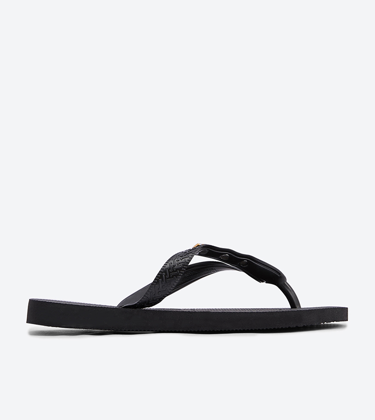 Metallic Logo Strap Details Round Toe Flip Flops - Black