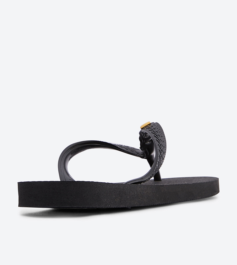Metallic Logo Strap Details Round Toe Flip Flops - Black