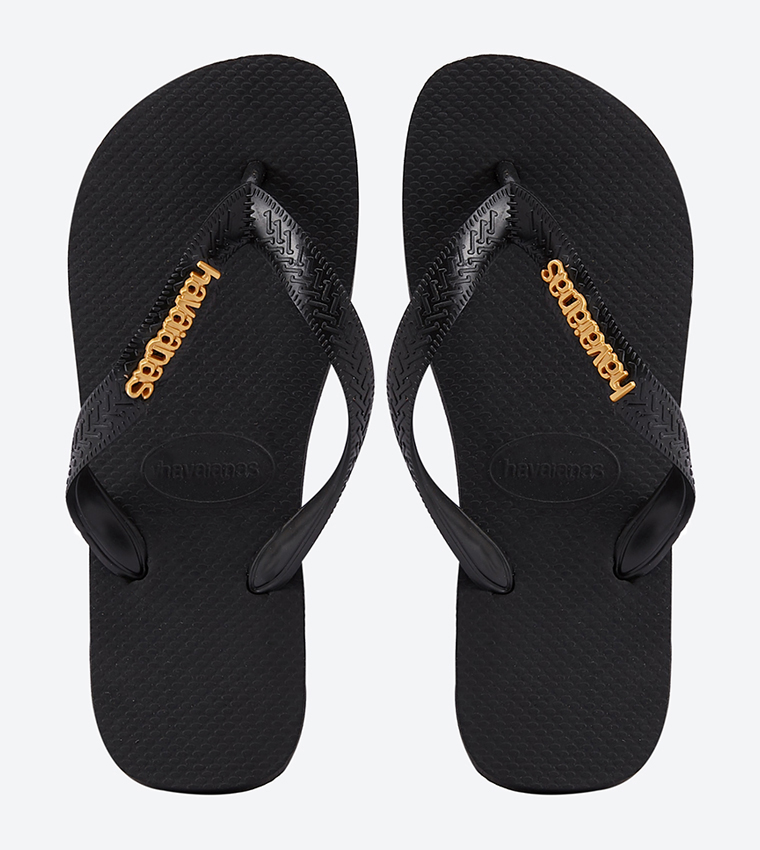Metallic Logo Strap Details Round Toe Flip Flops - Black