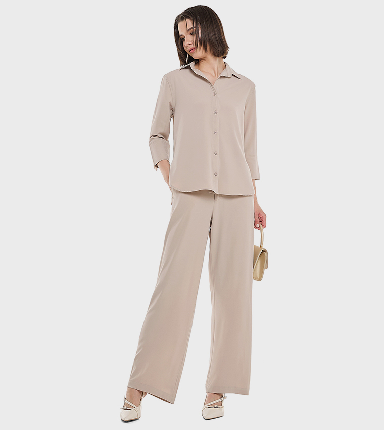 Solid Wide Leg Trousers with Button Closure
