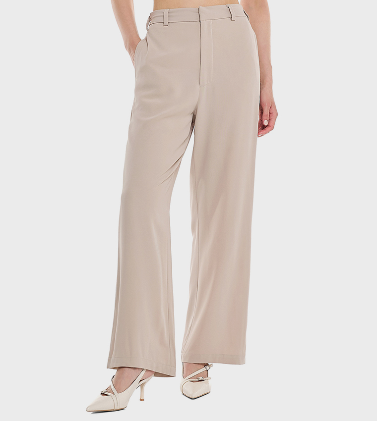 Solid Wide Leg Trousers with Button Closure