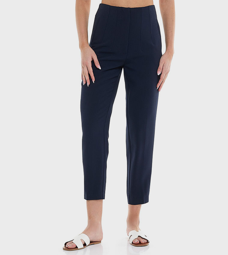 Solid Slim Fit Cropped Trousers with Button Closure