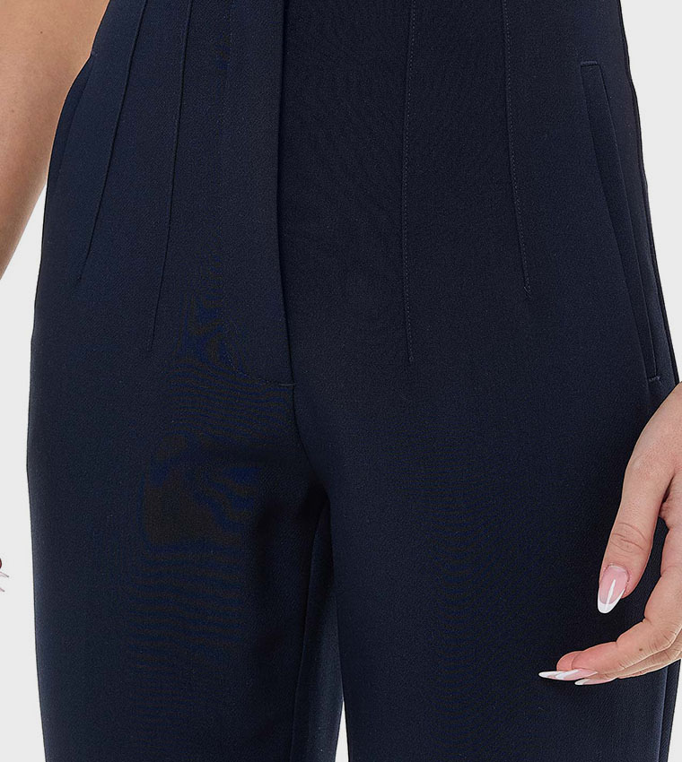 Solid Slim Fit Cropped Trousers with Button Closure