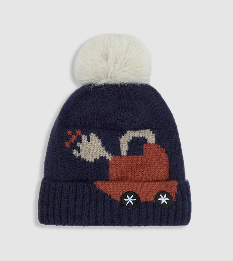 Patterned Beanie with Pom-Pom