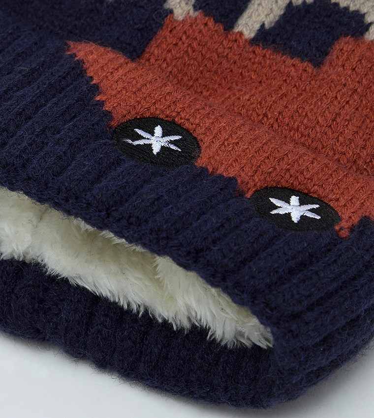 Patterned Beanie with Pom-Pom