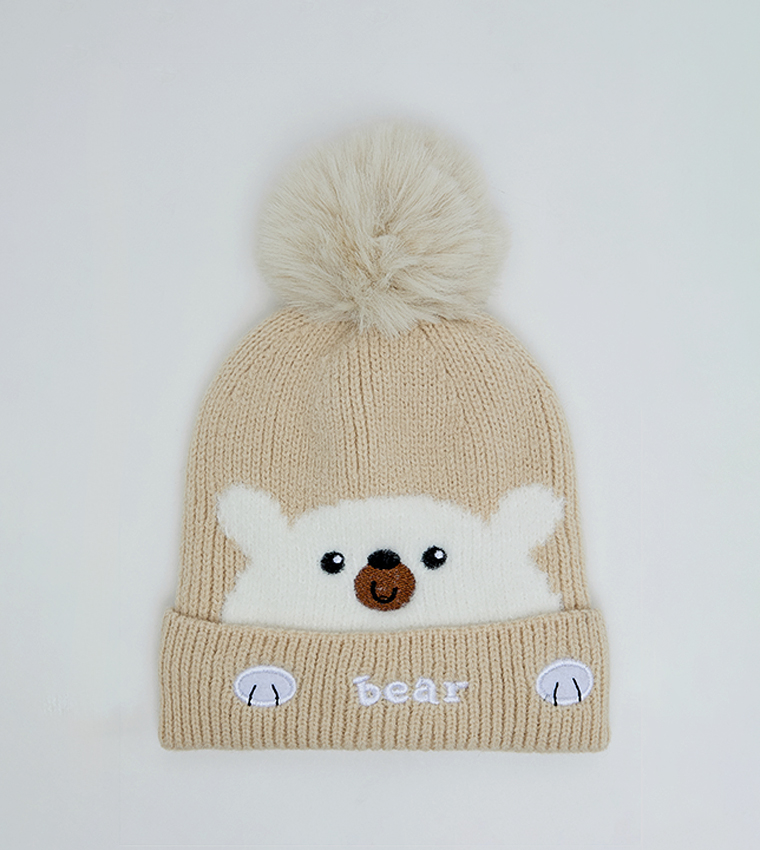 Patterned Beanie with Pom-Pom
