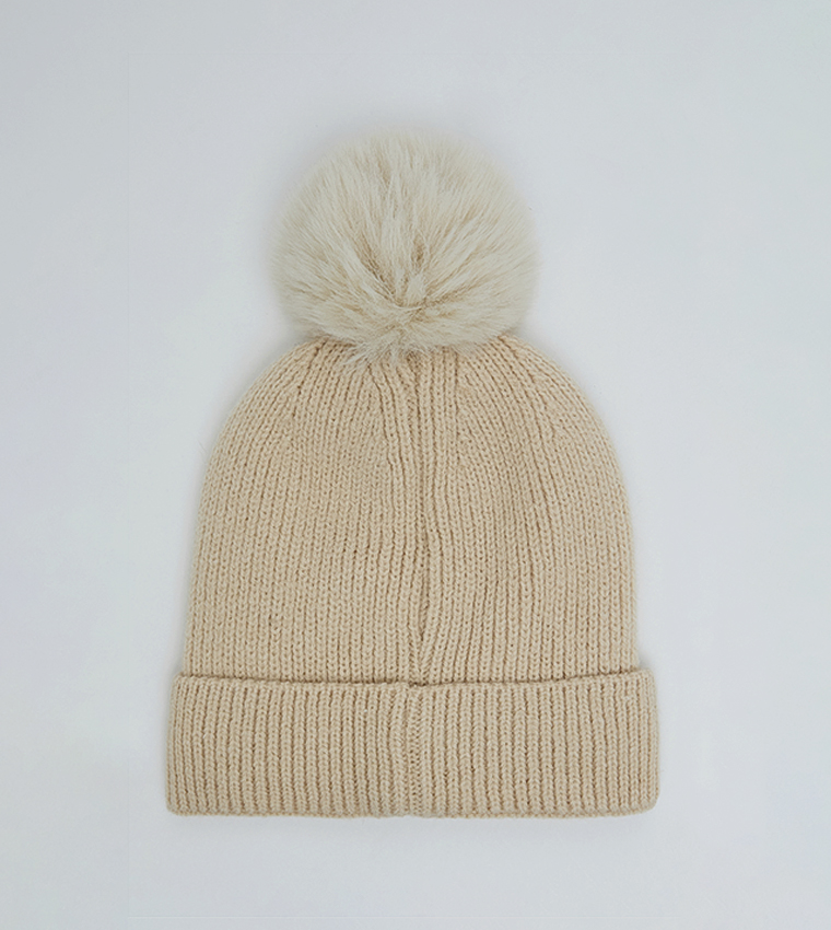 Patterned Beanie with Pom-Pom