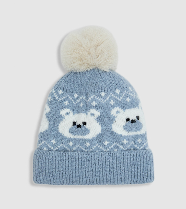 Patterned Beanie with Pom-Pom