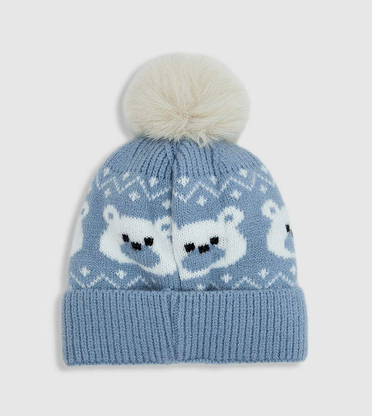 Patterned Beanie with Pom-Pom