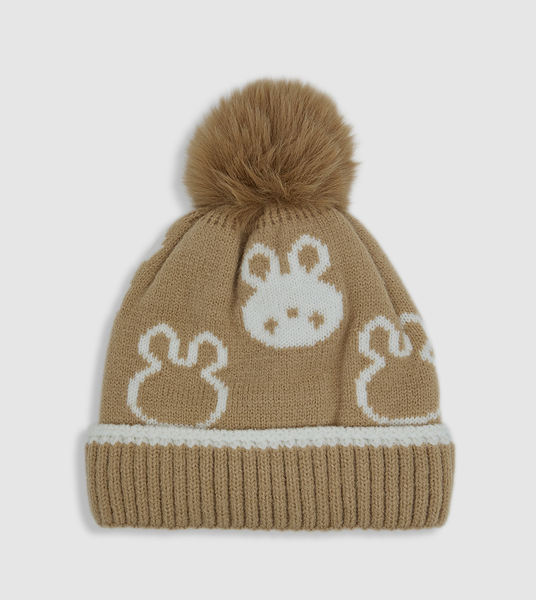 Patterned Beanie with Pom-Pom