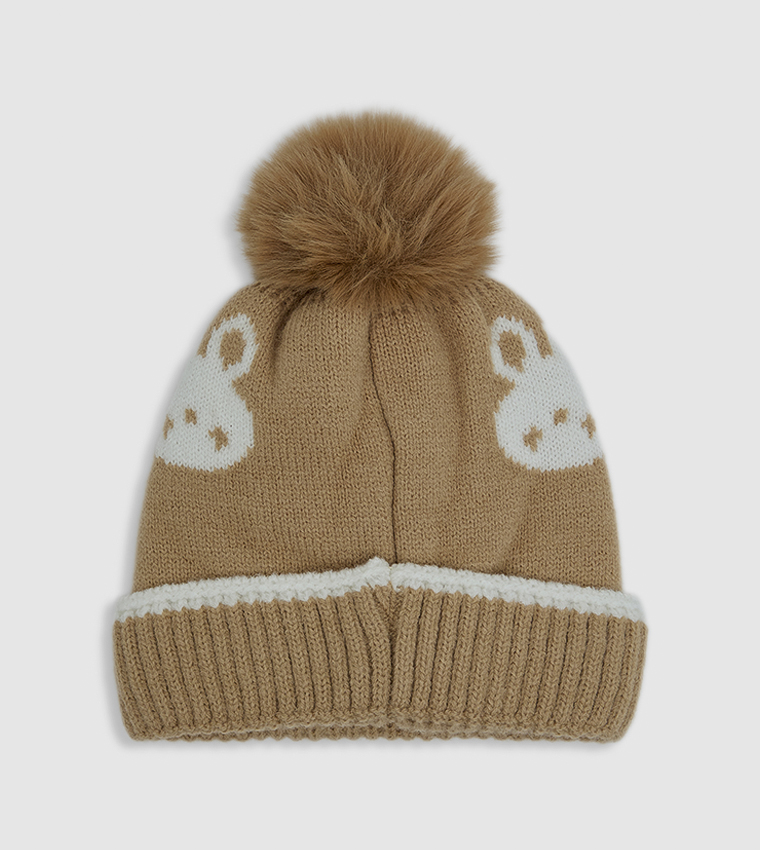 Patterned Beanie with Pom-Pom